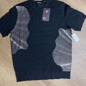 #E- MURANO Black Wavy Lines Short Sleeve Knit Top M New With Tags